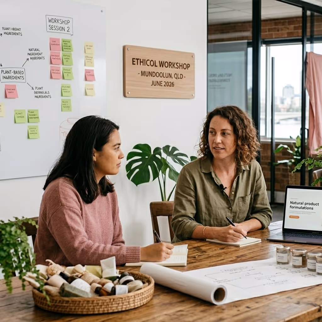Two women discussing notes at a wooden table in a workshop room with a laptop and sticky notes on a board.
