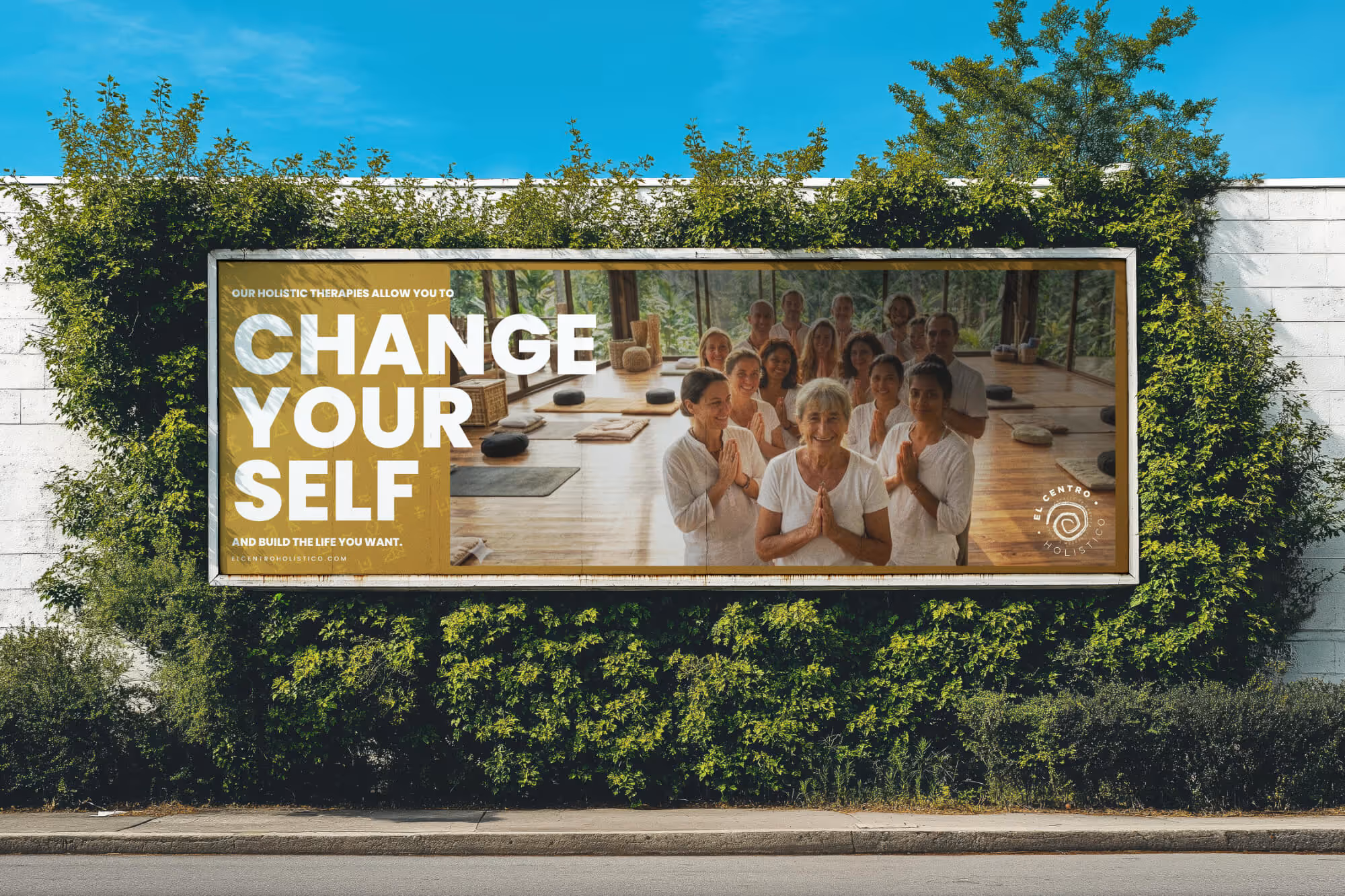 Billboard shows group in white with hands in prayer pose and text Change Yourself holistic therapies.