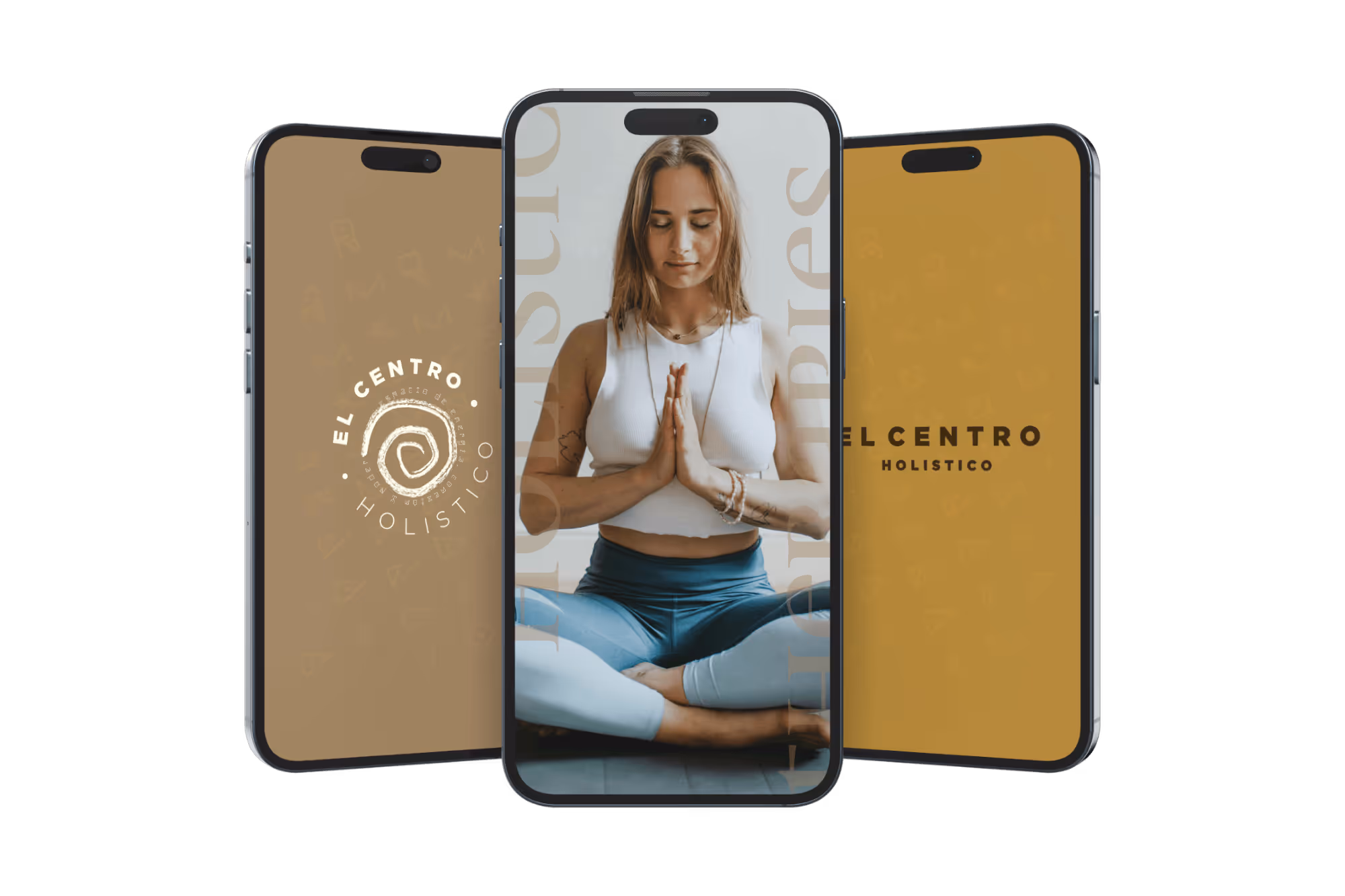 Three smartphones showing a woman meditating and the logo of El Centro Holistico wellness center.