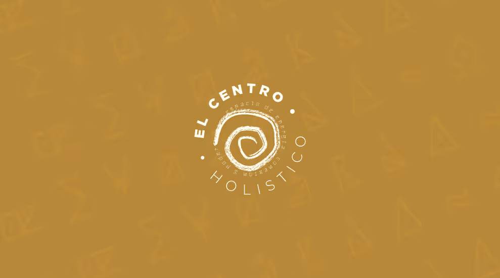 Logo with a white spiral and circular text reading 'El Centro Holistico' on a gold background.