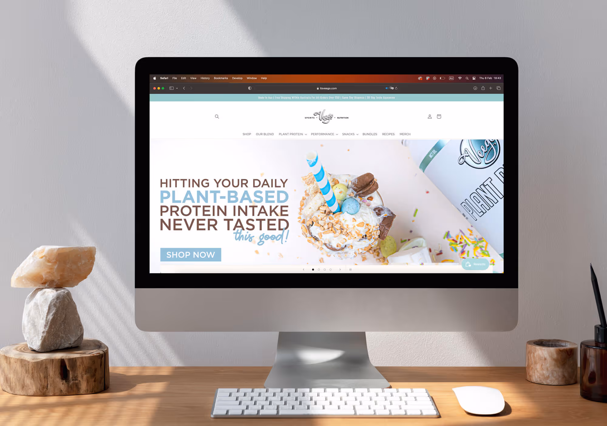 Desktop showing a website advertising plant-based protein with a milkshake and a "Shop Now" button.