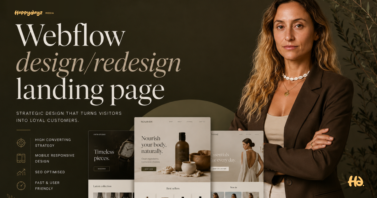 Woman in brown blazer with folded arms standing beside a Webflow landing page design showcase.