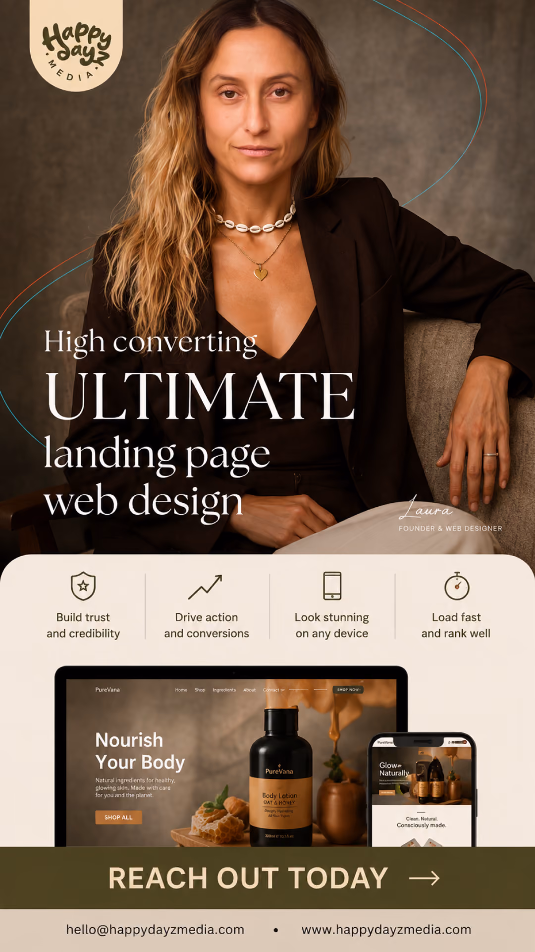 Social ad depicting a lady on top and a web landing page offer at the bottom