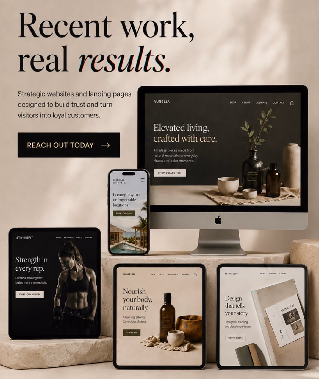 Varied device screens showing modern website designs for fitness, retreats, lifestyle, and branding.
