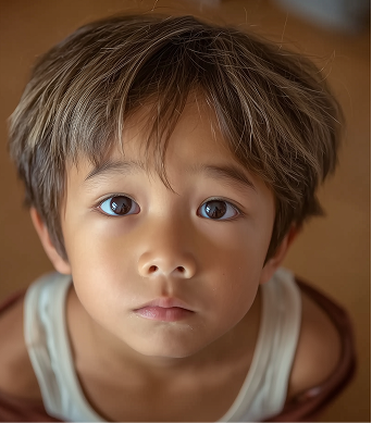 A close up of a young boy with blue eyes.