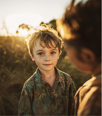 A young boy standing next to a woman.
