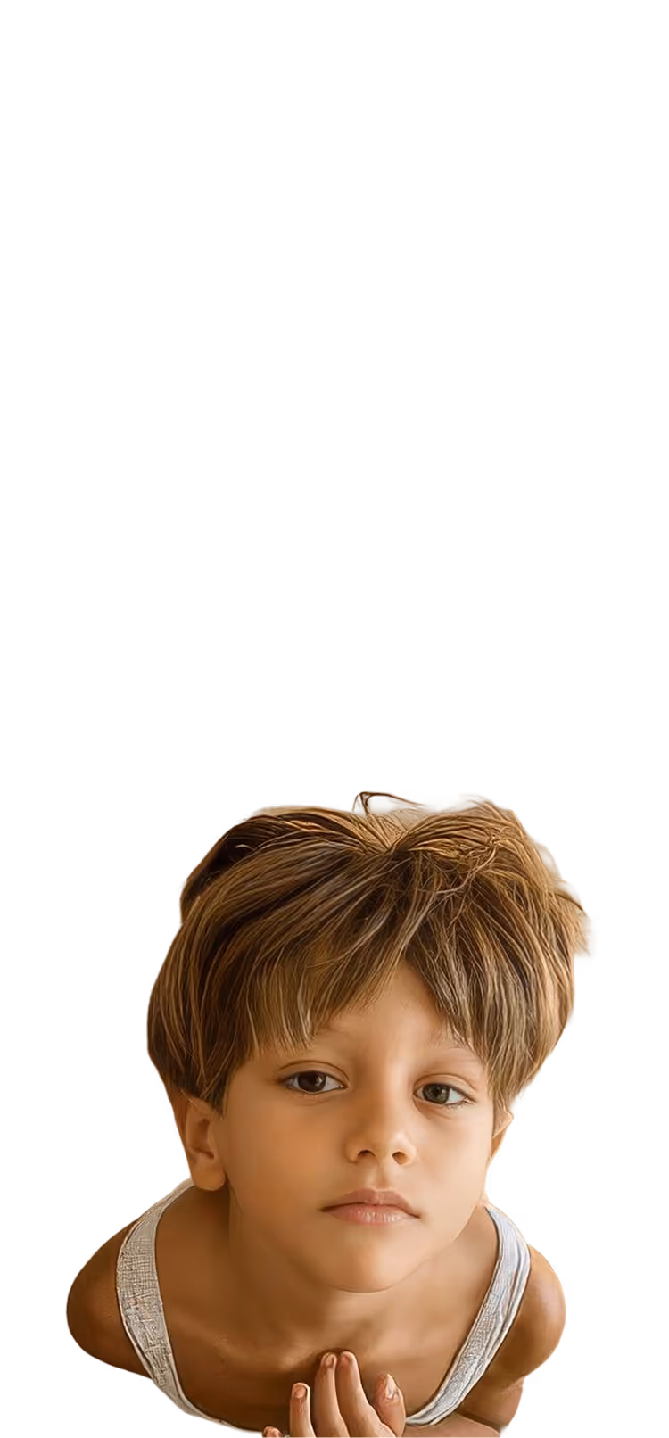 Young boy with tousled light brown hair and white tank top