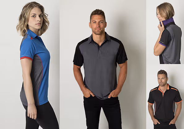 Four models wearing different styles of short-sleeve polo shirts with contrasting shoulder and side panels in blue, grey, black, and purple accents.