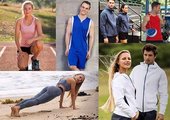 Collage of diverse people wearing gym and athletic wear outdoors and indoors, including a woman stretching on a track, a man in blue sportswear leaning against a wall, a couple in gray jackets, a man lifting weights, a woman doing a plank on the beach, and a couple in white jackets outdoors.