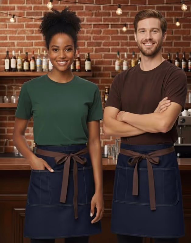 Two smiling baristas standing in front of a brick wall with bottles behind them, wearing aprons and casual shirts.