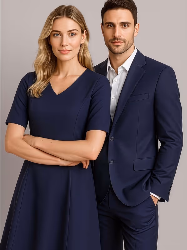 Professional man in navy suit and woman in navy dress posing against a beige background.