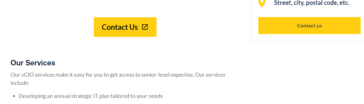 Hart Technologies vCIO services page showing Contact Us button and Our Services section with IT planning bullet point