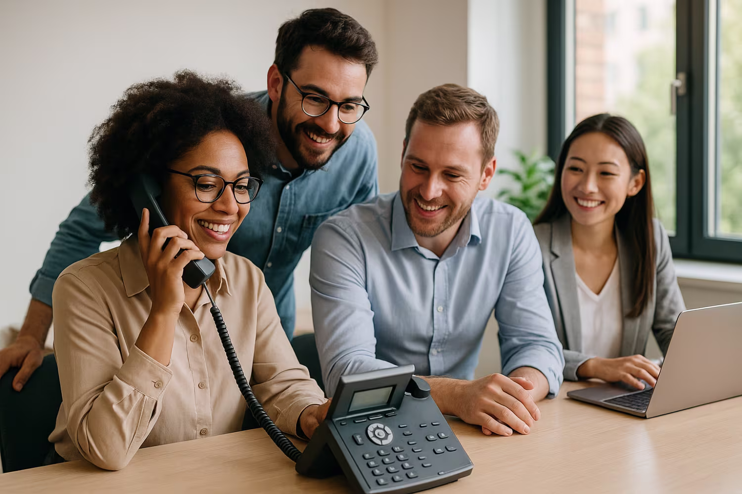 Diverse professionals using business VoIP system