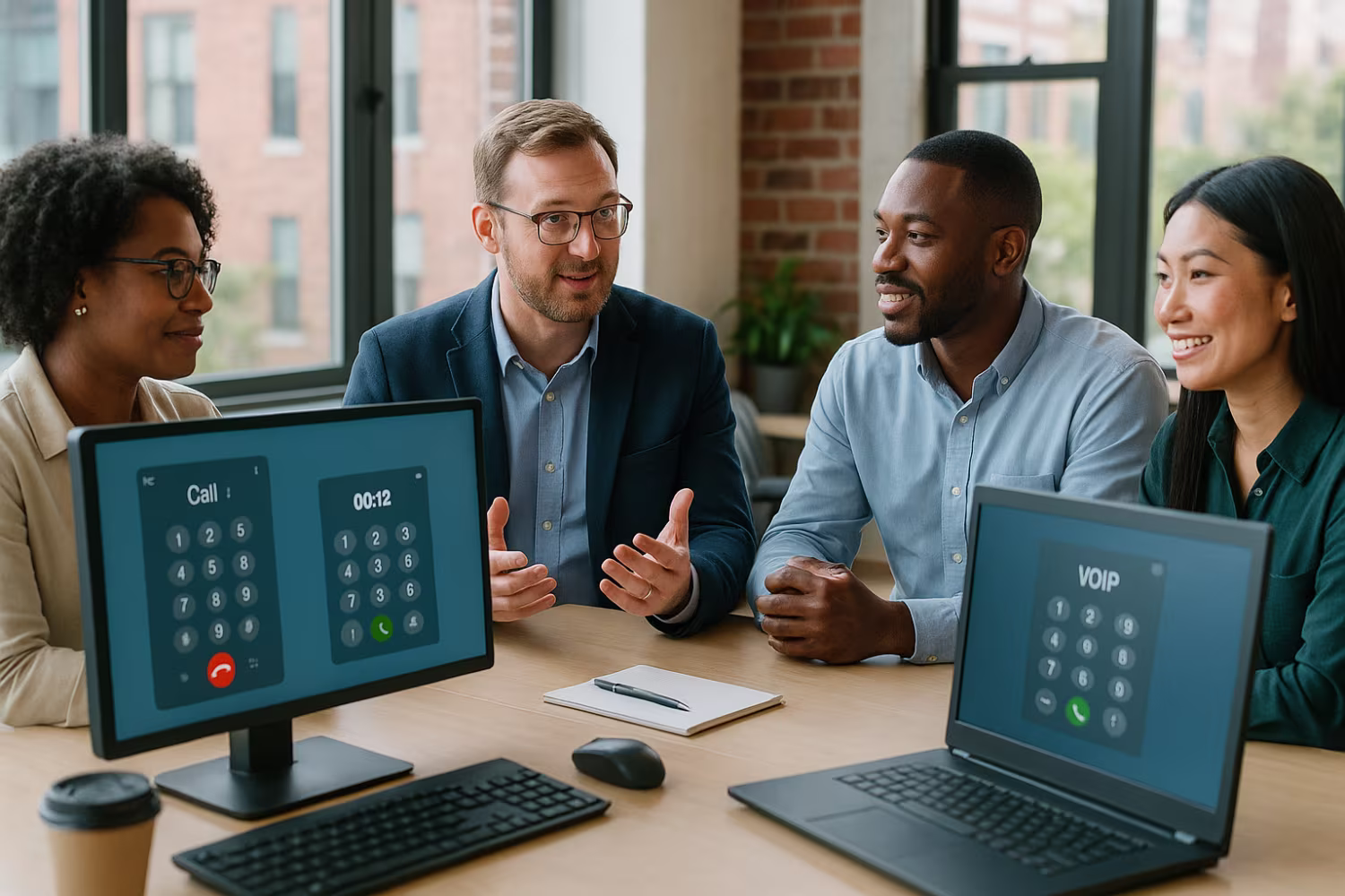 Diverse professionals discussing business VoIP