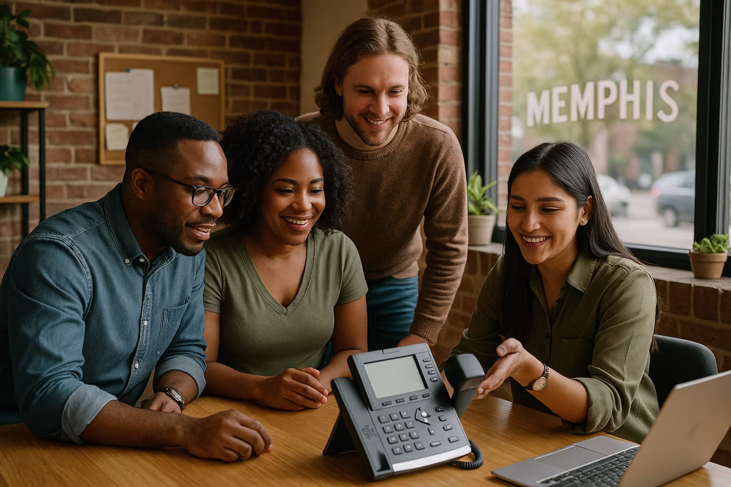 Diverse team examining business VoIP