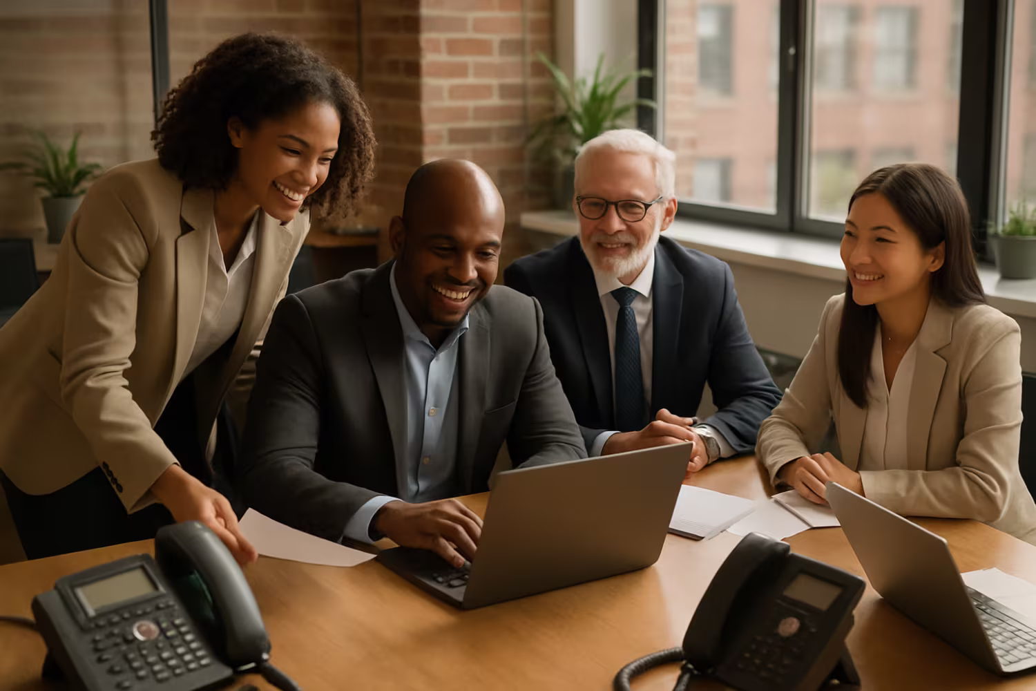 Diverse team collaborating, business VoIP visible