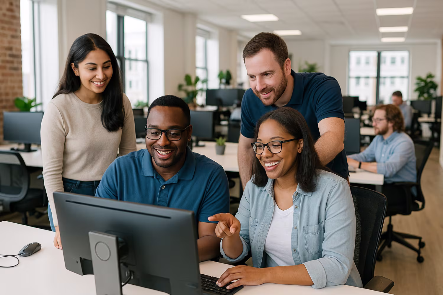 Diverse team collaborating in bright IT services firm