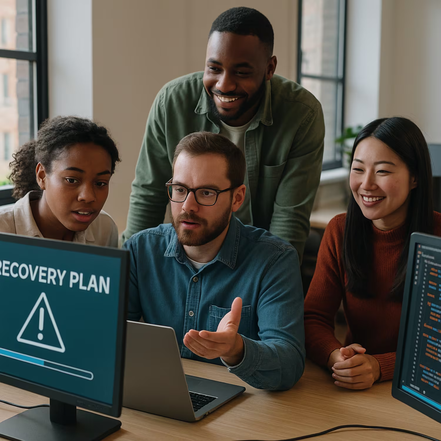 Diverse IT team discussing recovery plan