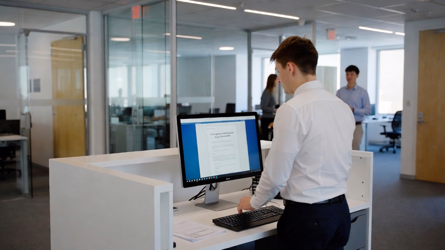 RECEPTION AREA An IT professional one person standing at a front reception d