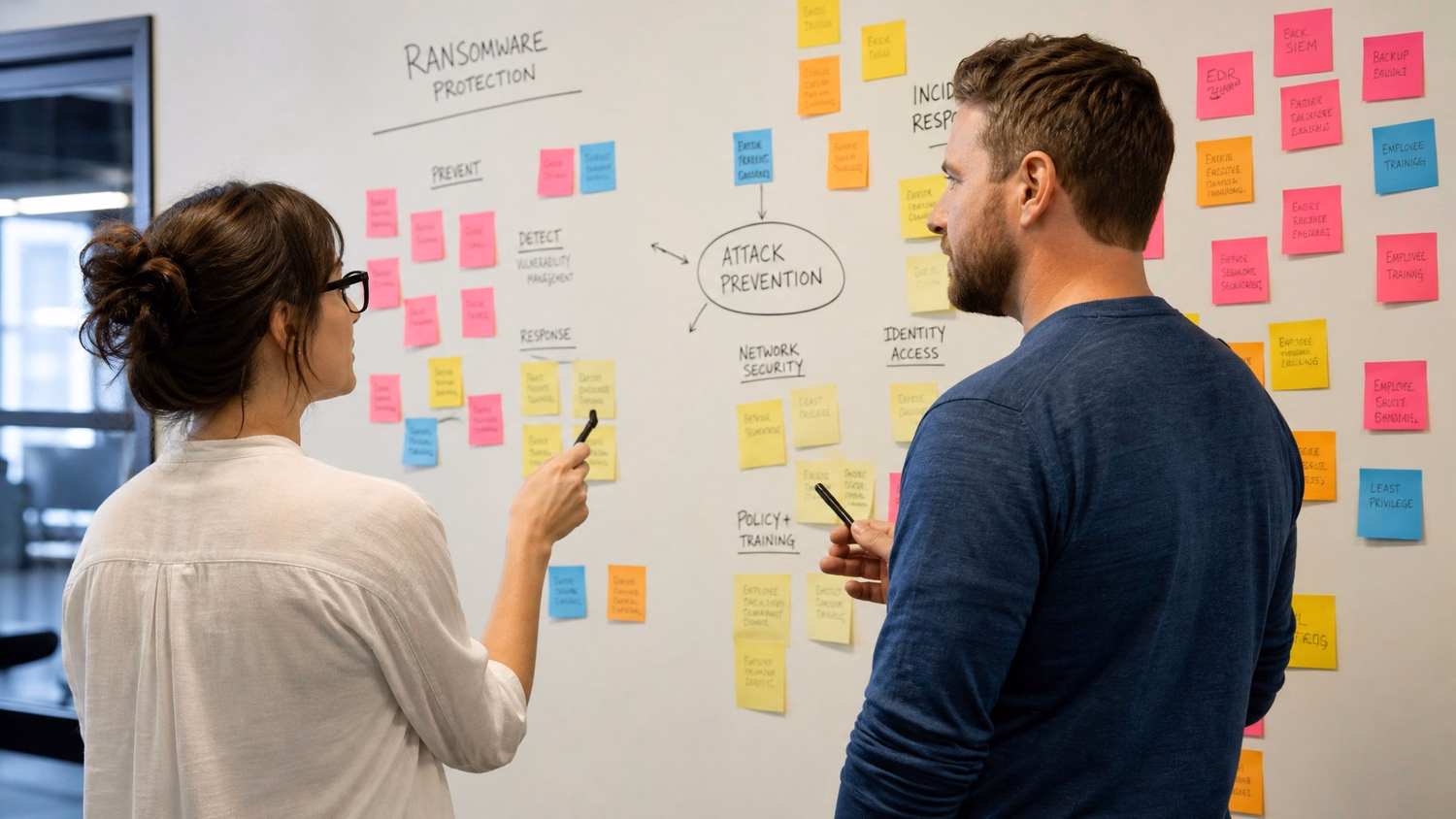 STICKY NOTE WALL An IT professional two people standing at a wall covered wi