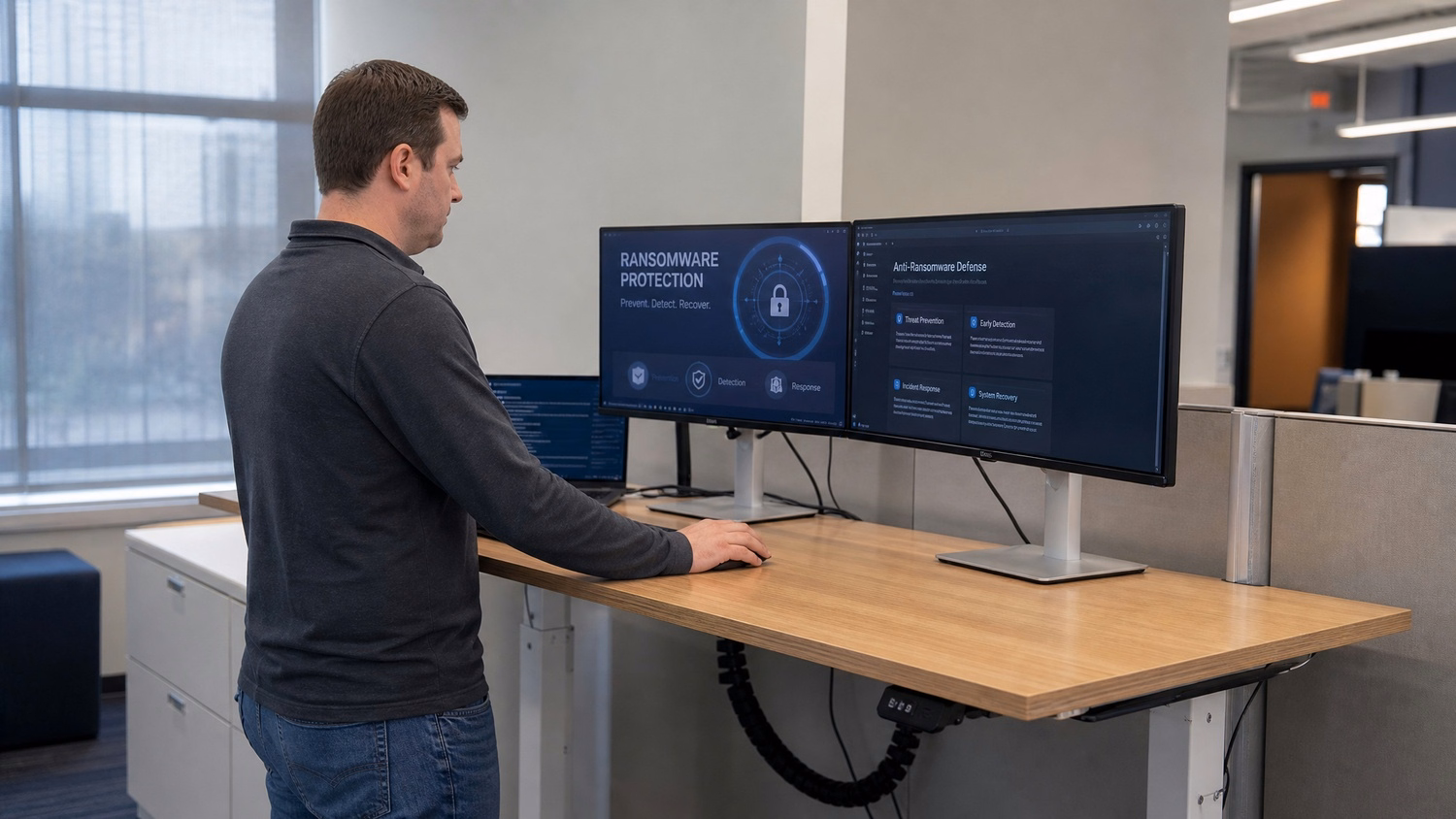 STANDING DESK An IT professional one person standing at a height-adjustable