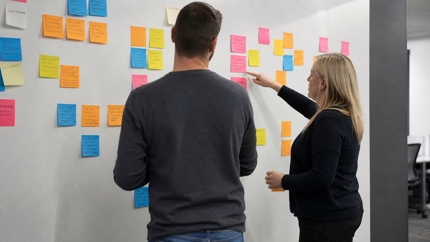 STICKY NOTE WALL An IT professional two people standing at a wall covered wi