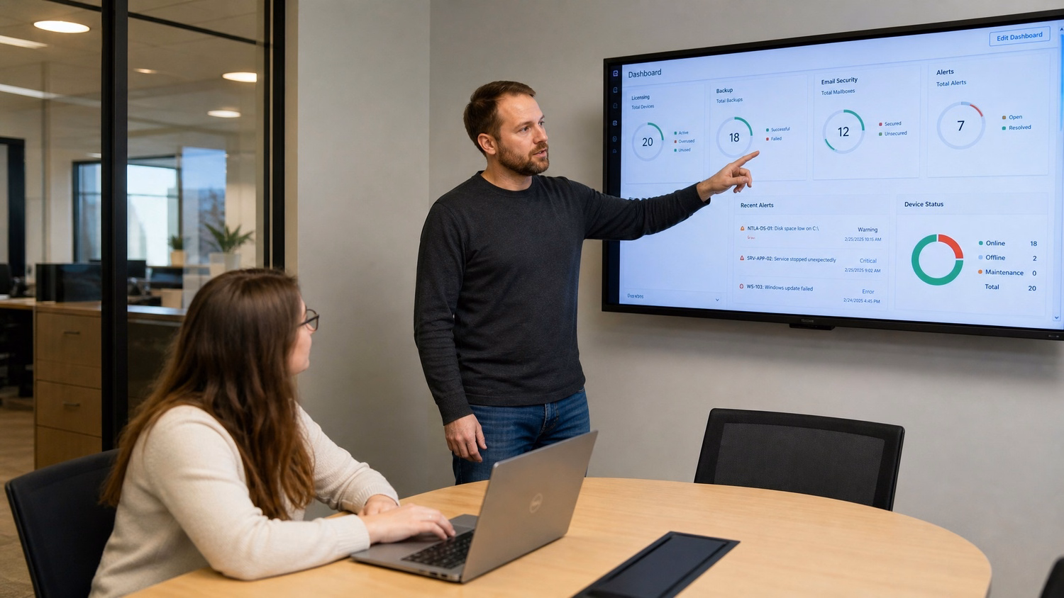 PRESENTATION SCREEN An IT professional one person standing beside a large wa