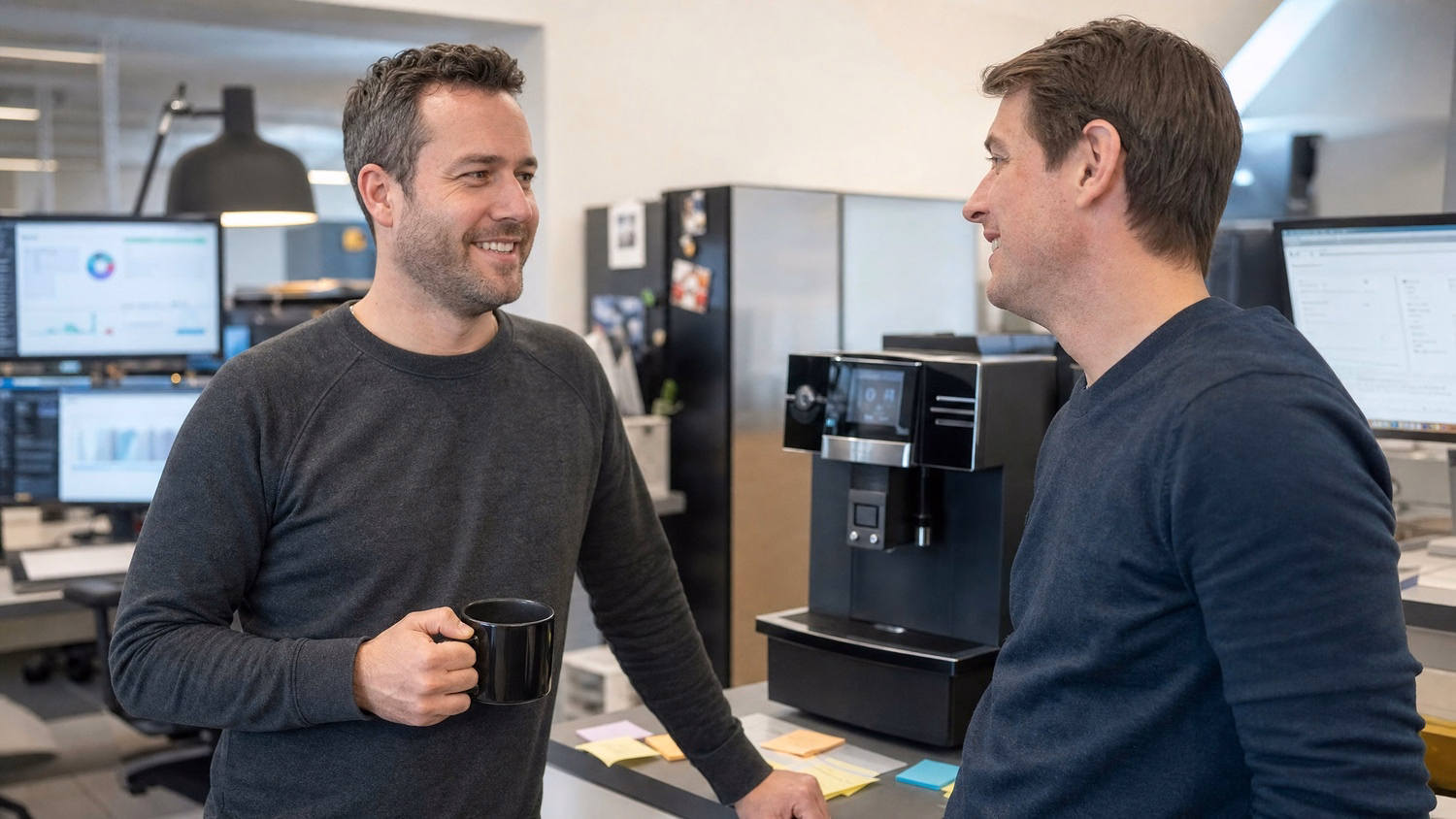 IT staff discussing plans by coffee machine break room 59 chars