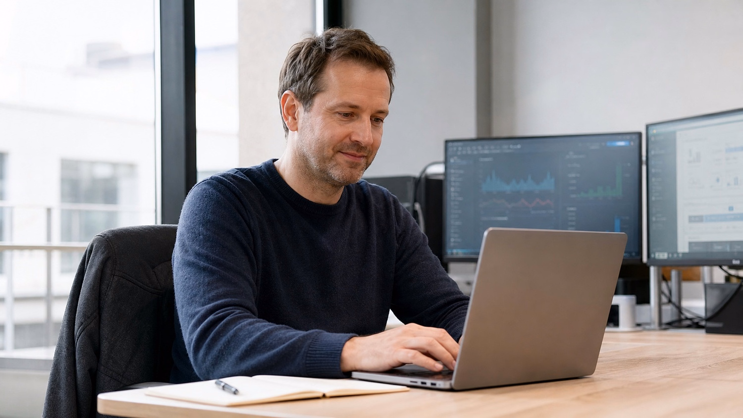 Man at desk with laptop, notebook, and jacket