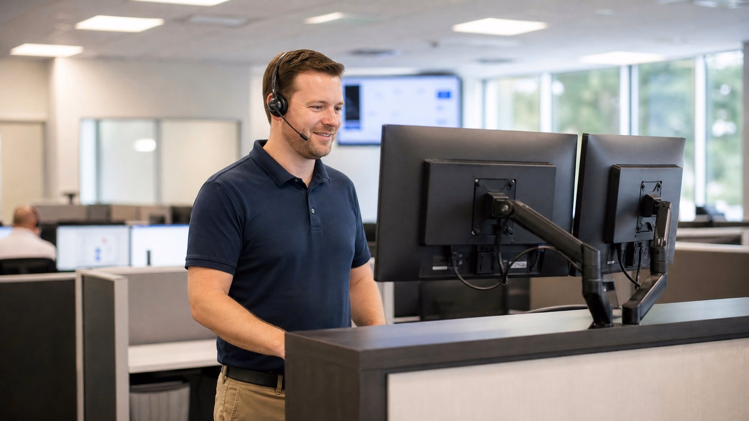 IT support specialist at help desk with headset and monitors