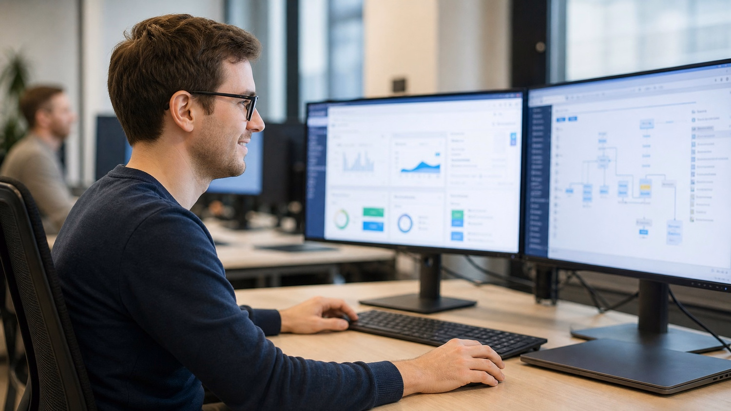 IT consultant analyzing server rack cabling for streamlining 61 chars
