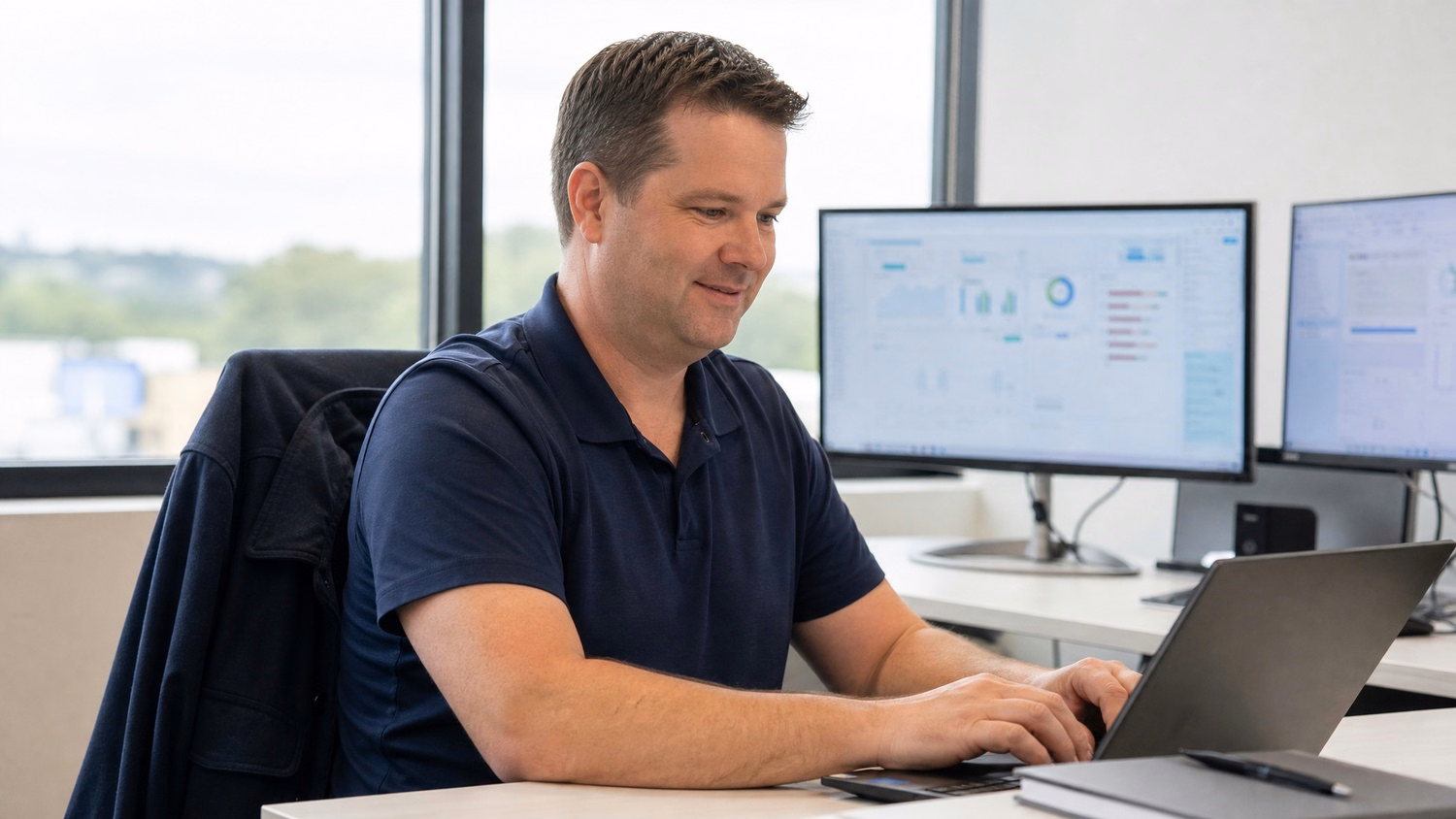 Man at desk reviewing laptop, natural light from window