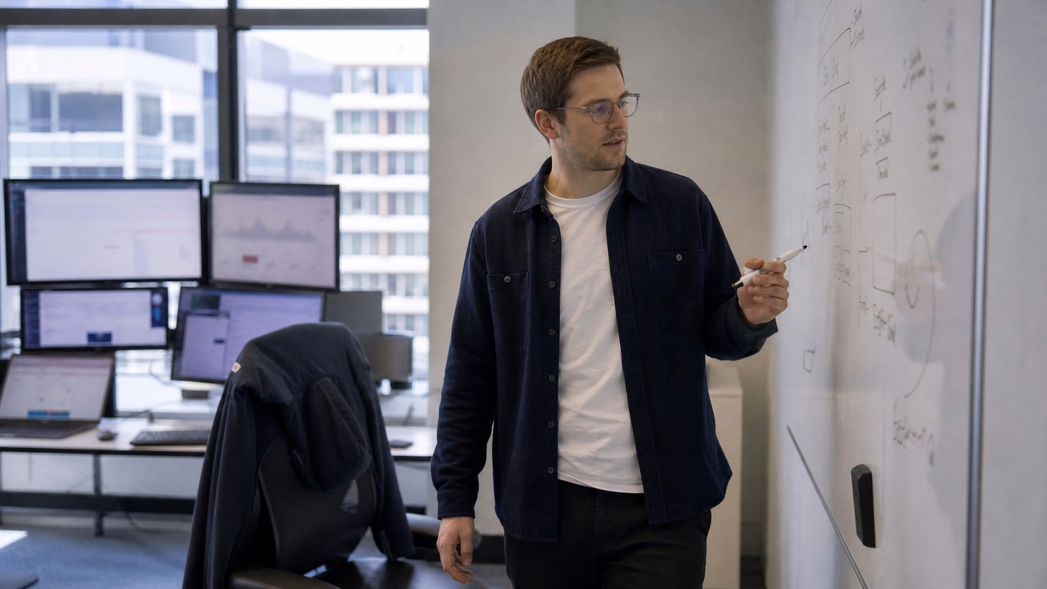 IT auditor points at whiteboard checklist, jacket on chair