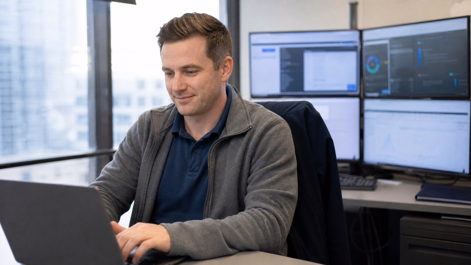 A Caucasian man in his 30s wearing a grey fleece over a navy polo shirt works on