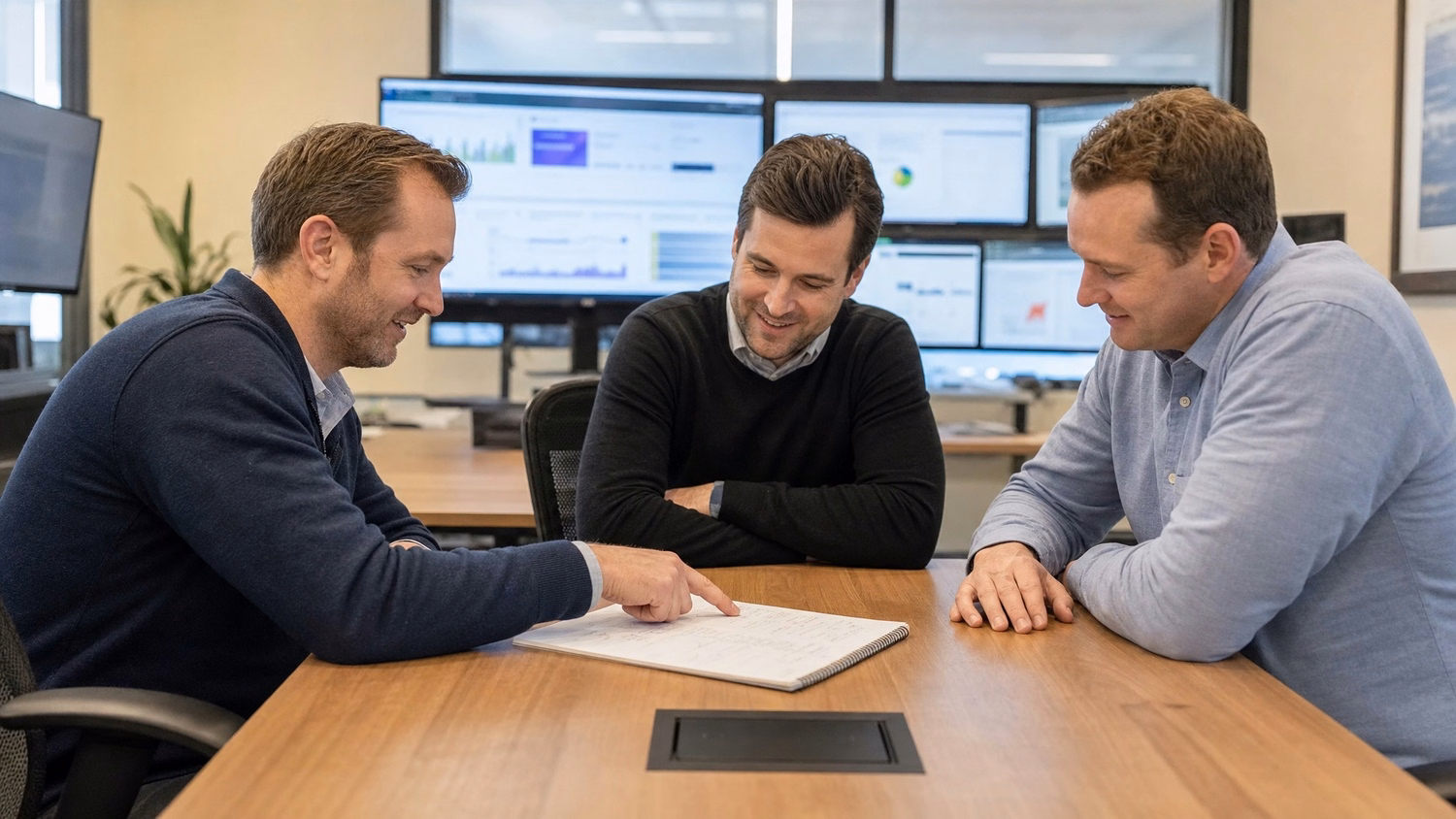 Three businessmen discuss plans at a meeting table
