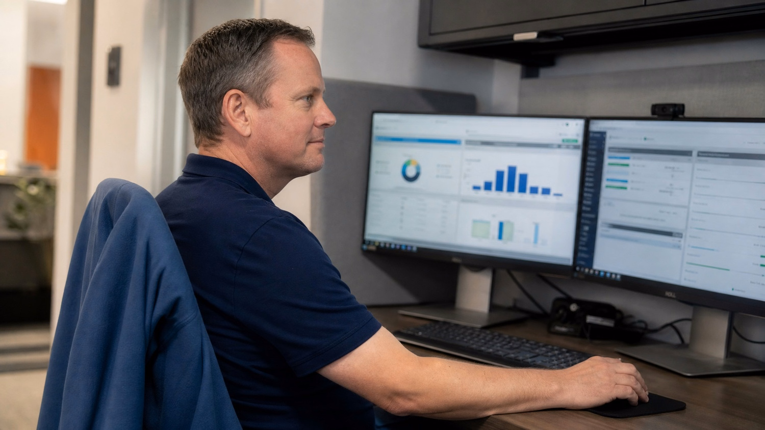 IT professional reviewing dual monitors at desk, navy polo