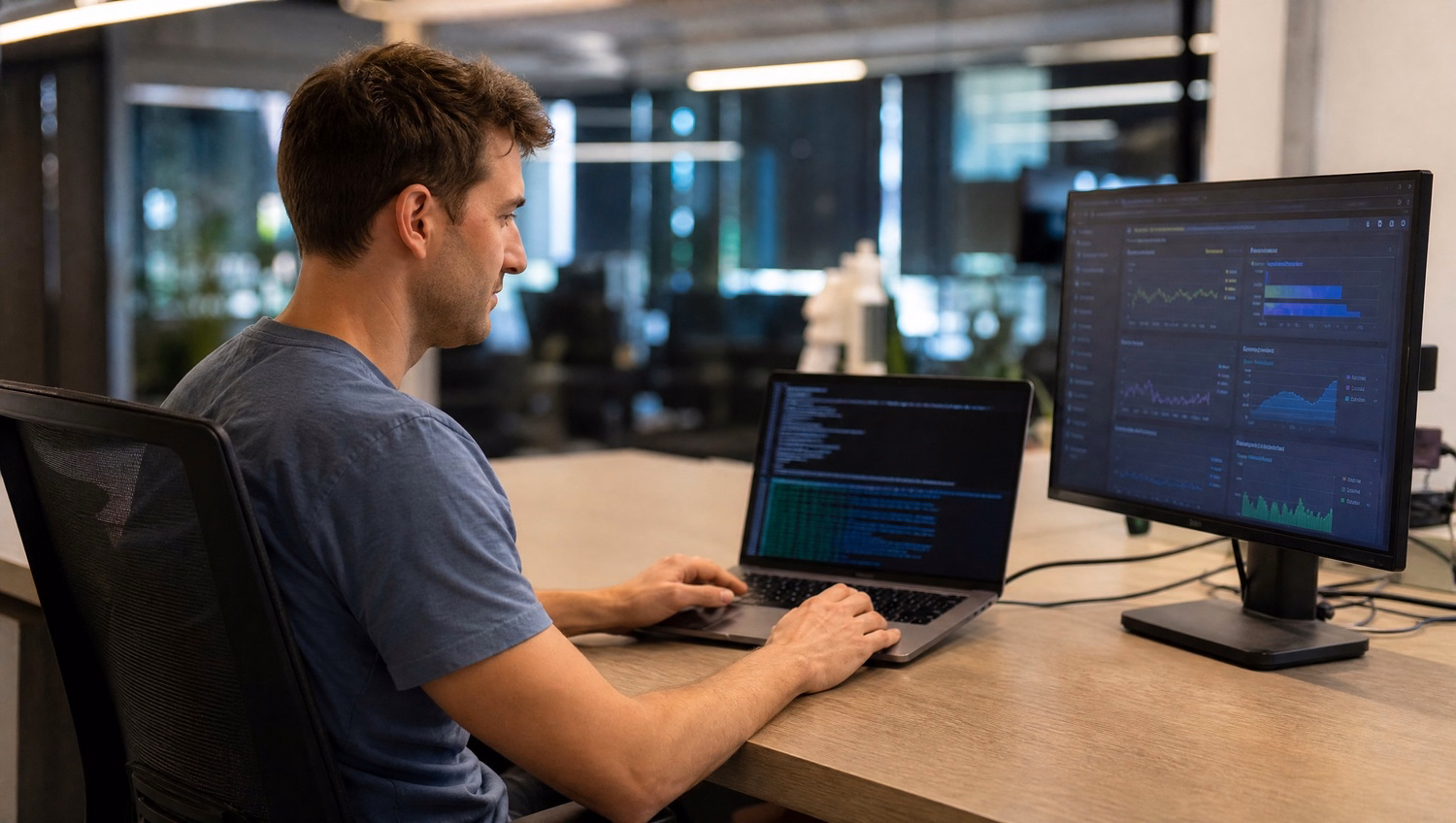 Developer working at laptop with terminal window open