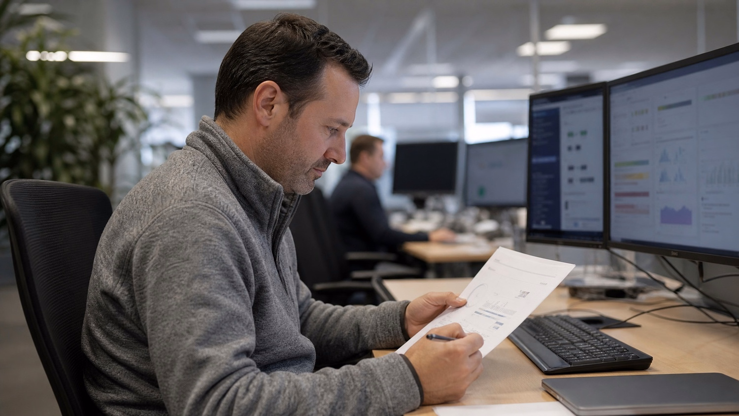 Man in grey fleece reads report, pen in hand, focused 60 chars