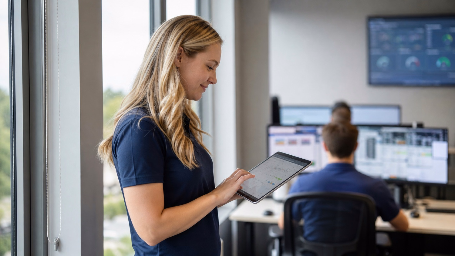 Woman reviews complex IT dashboard on tablet screen