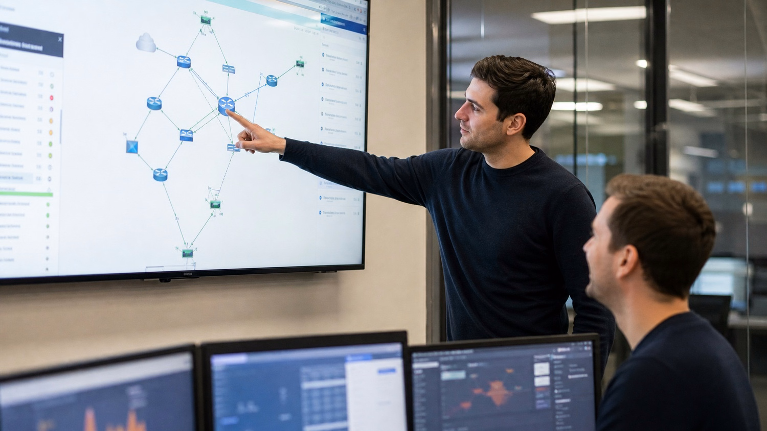 IT consultant points at router on network map display