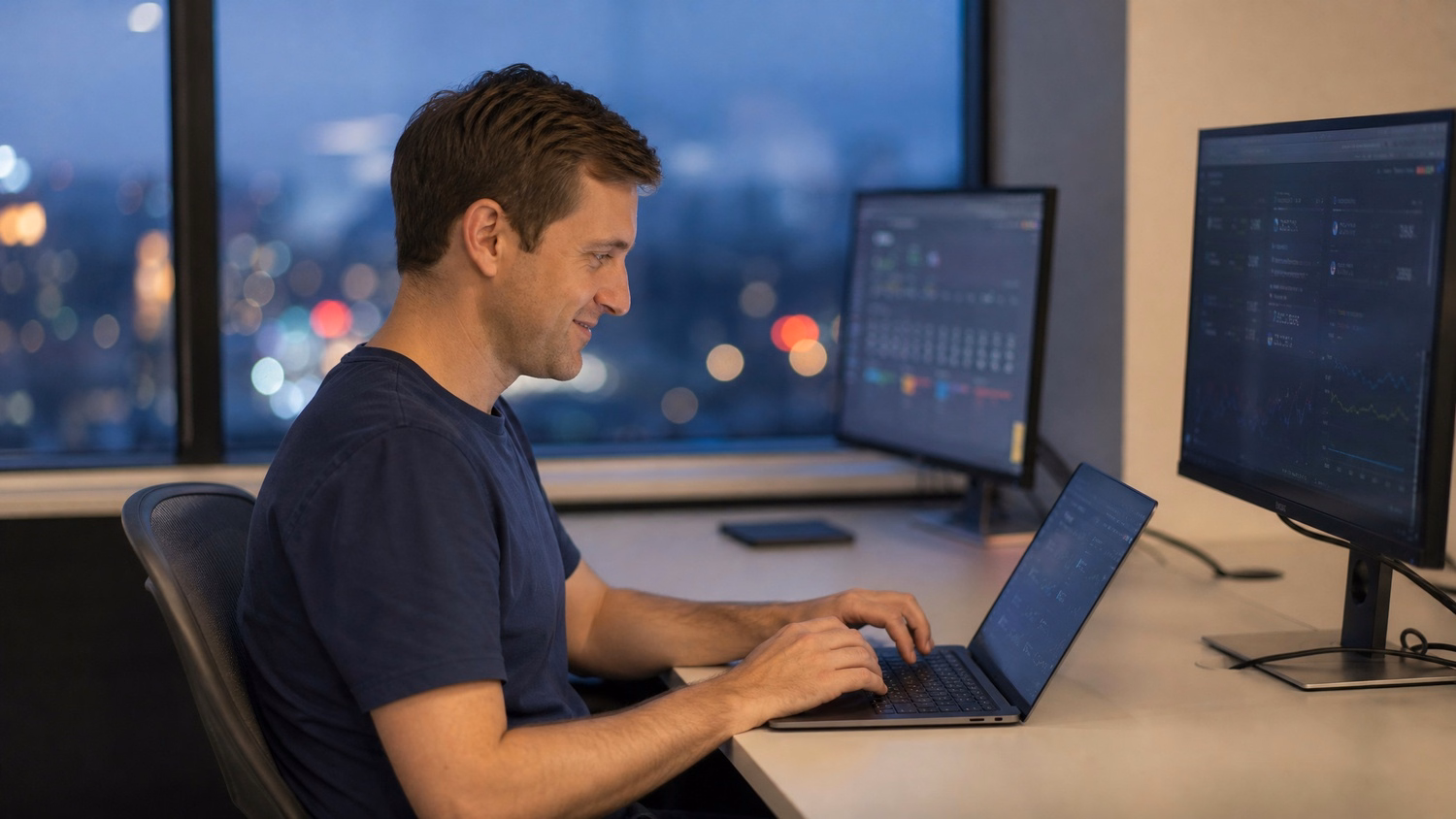 Man at desk, laptop glowing, city lights bokeh 59 chars