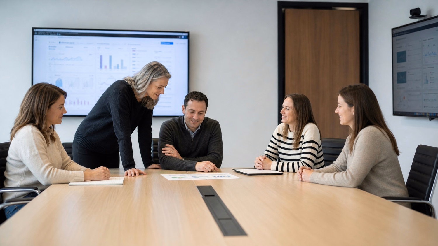 Boardroom meeting, team reviews document at table 60 chars
