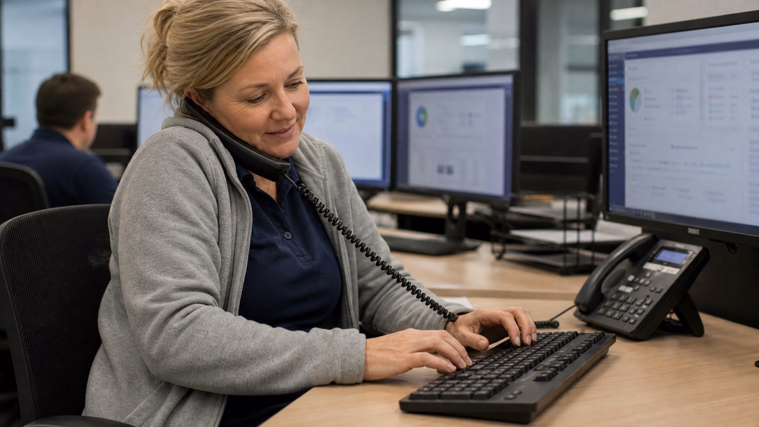 Woman on phone typing at computer workstation