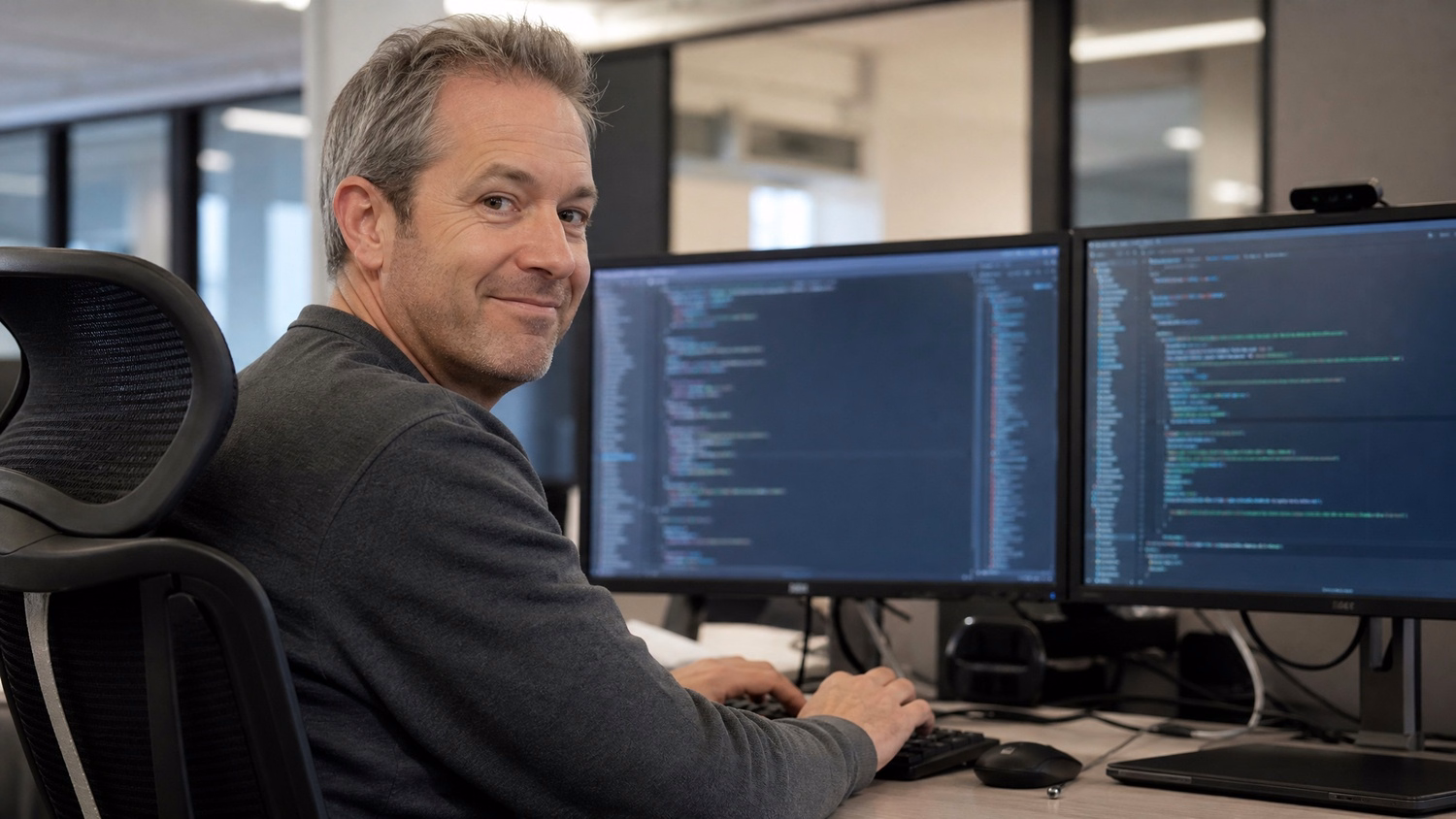 Developer coding on dual monitors at desk 52 chars