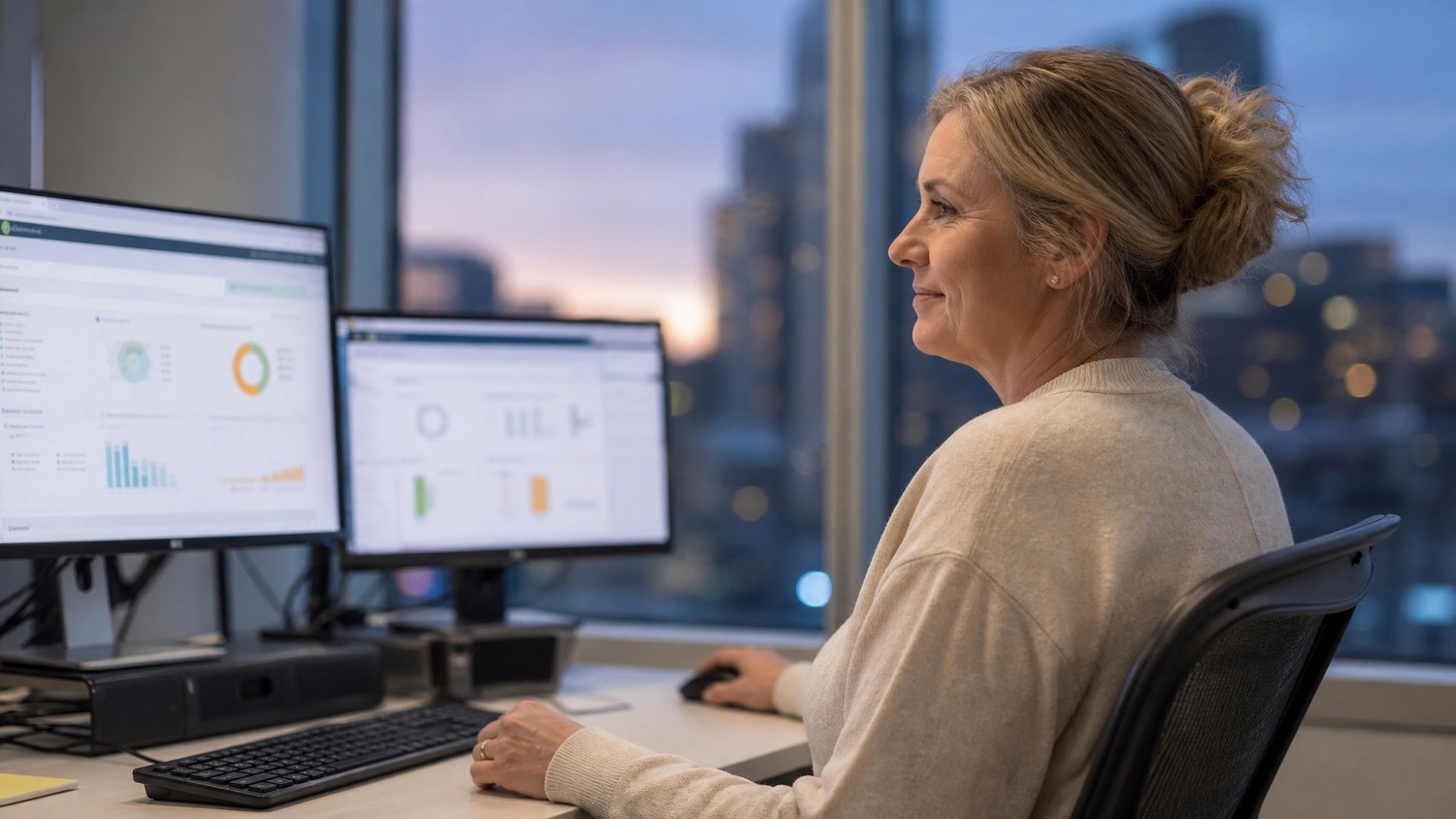 Woman at desk, city lights at dusk, reviewing document 65 chars