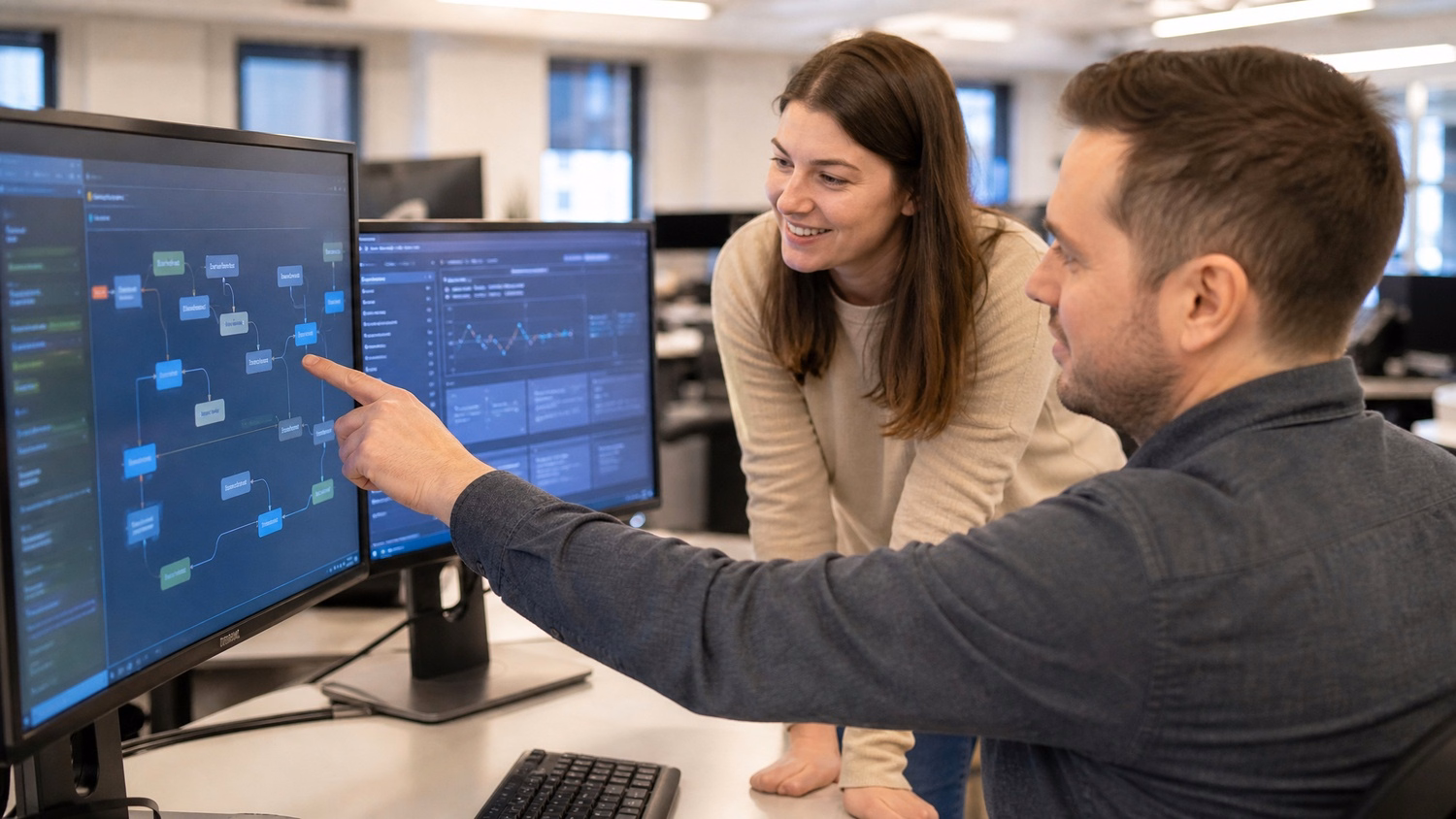 Cloud consultants review integration strategy diagram on screen