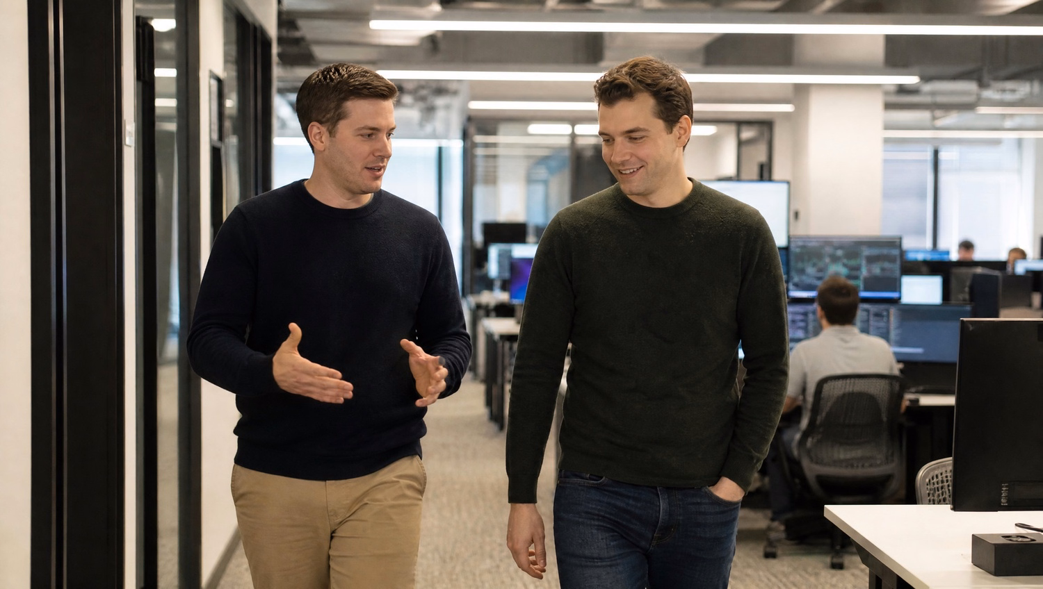 Two IT auditors walk down modern office corridor discussing process