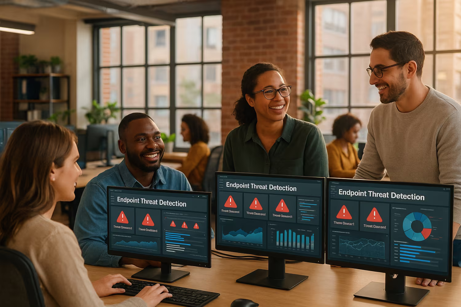 Diverse professionals using advanced endpoint threat detection software