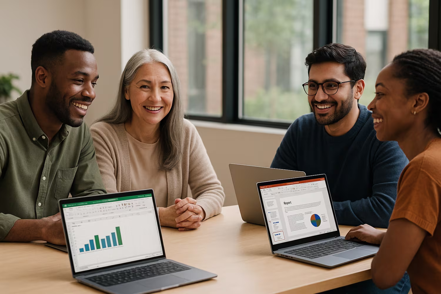 Diverse team reviewing Microsoft 365