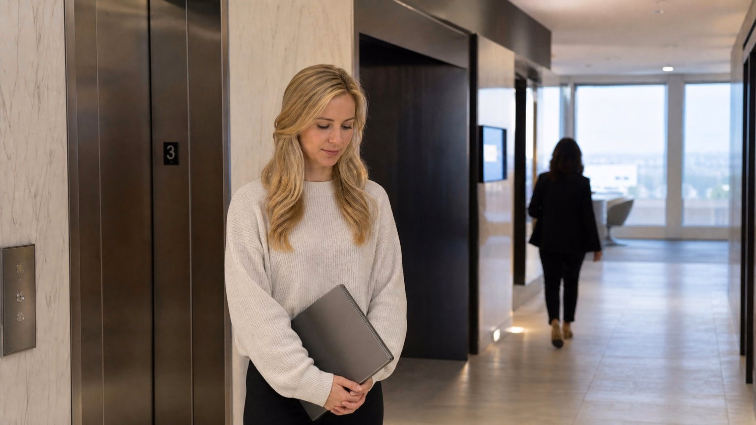 Woman with laptop waits for elevator, modern lobby 63